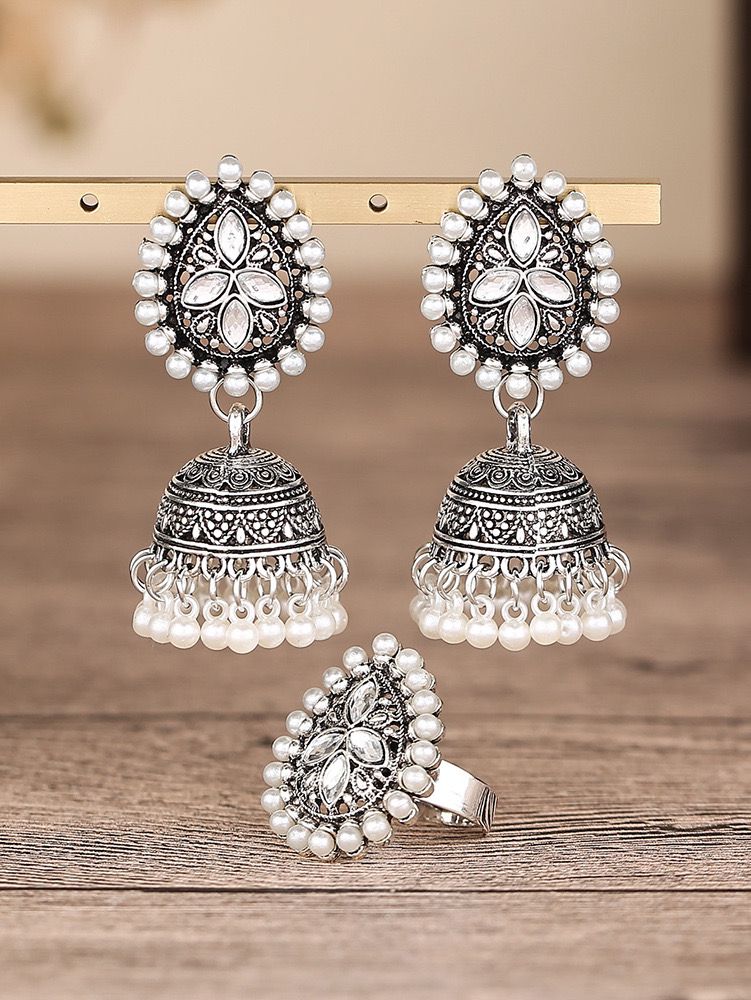 Royal Pearl-Embellished Oxidized Silver Jhumka Set