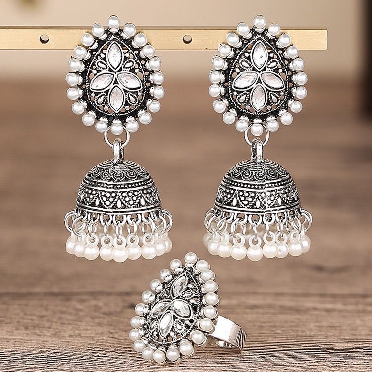 Royal Pearl-Embellished Oxidized Silver Jhumka Set